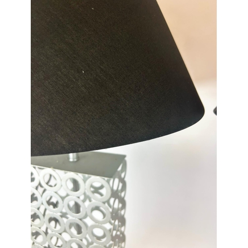 421 - TABLE LAMPS, a pair, 86cm H, metal ring design, with black shades. (2)