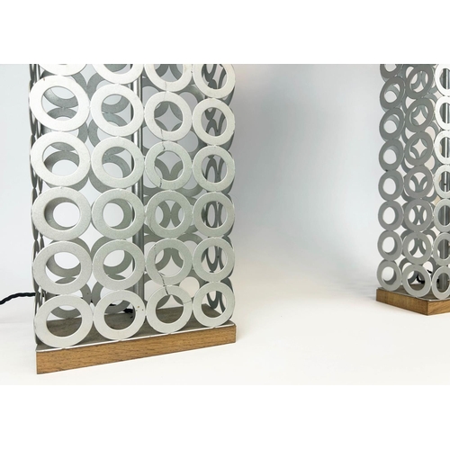 421 - TABLE LAMPS, a pair, 86cm H, metal ring design, with black shades. (2)