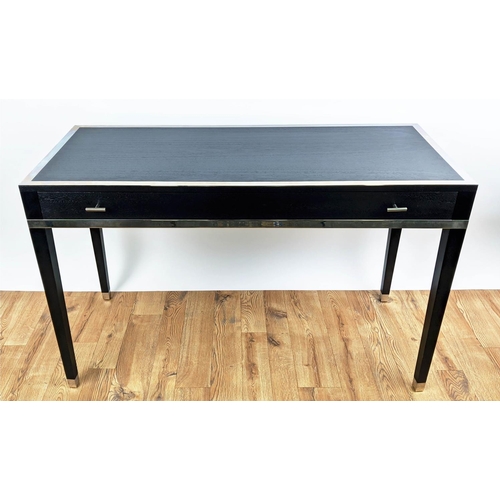 433 - DRESSING TABLE, 120cm x 40cm x 73.5cm, dark finished wood, with one drawer, polished metal detail.