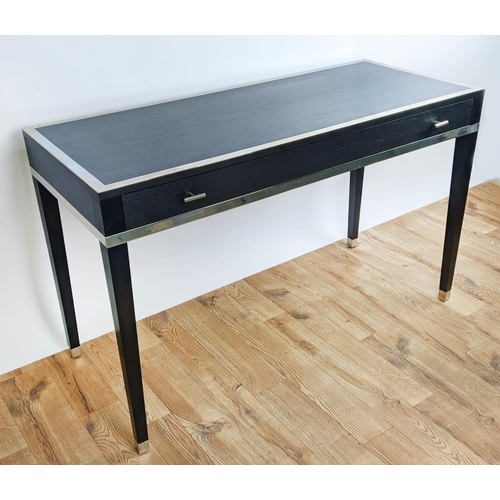 433 - DRESSING TABLE, 120cm x 40cm x 73.5cm, dark finished wood, with one drawer, polished metal detail.