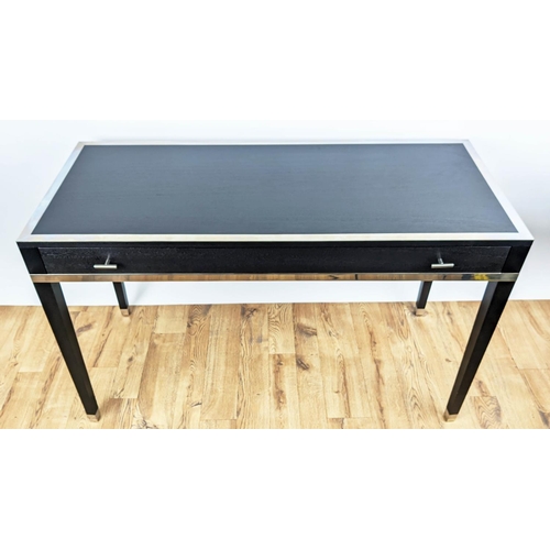 433 - DRESSING TABLE, 120cm x 40cm x 73.5cm, dark finished wood, with one drawer, polished metal detail.