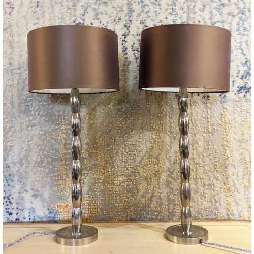 436 - TABLE LAMPS, a pair, polished metal, with shades, 65cm H. (2)