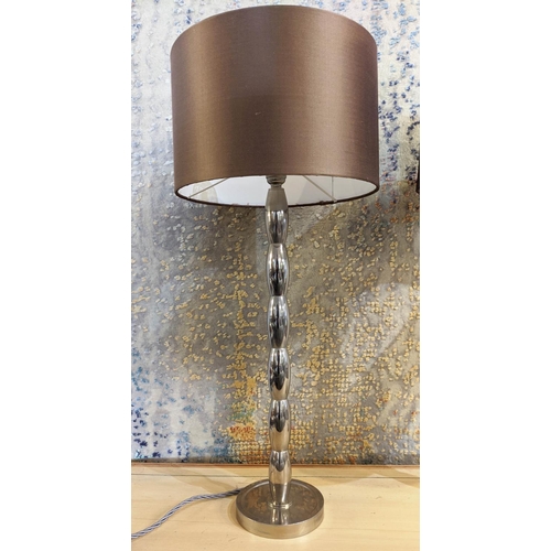 436 - TABLE LAMPS, a pair, polished metal, with shades, 65cm H. (2)