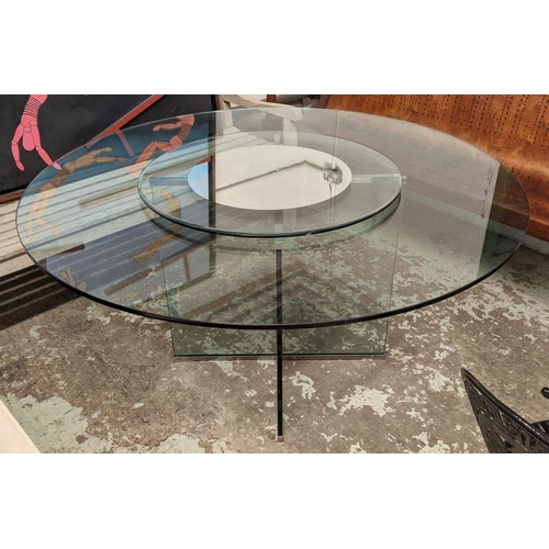 442 - DINING TABLE, 150cm x 77cm, glass and polished metal, with lazy Susan to centre of top.