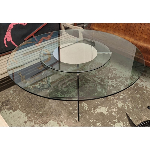 442 - DINING TABLE, 150cm x 77cm, glass and polished metal, with lazy Susan to centre of top.