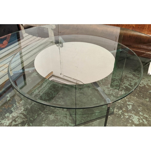 442 - DINING TABLE, 150cm x 77cm, glass and polished metal, with lazy Susan to centre of top.