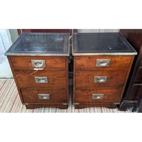 141 - MILITARY STYLE CHESTS, a pair, each 41cm W x 37cm D x 58cm H, with leather tops and brass recessed h... 