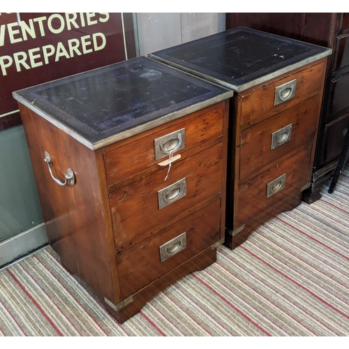 141 - MILITARY STYLE CHESTS, a pair, each 41cm W x 37cm D x 58cm H, with leather tops and brass recessed h... 