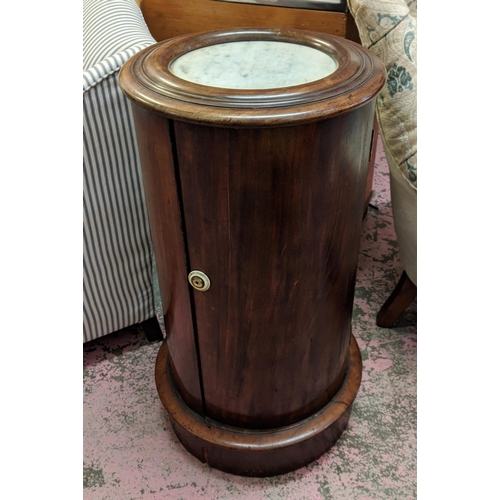 195 - CYLINDRICAL POT CUPBOARD, 39cm W x 77cm H, Victorian mahogany with door and white marble top.