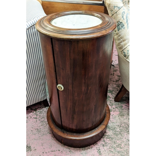 195 - CYLINDRICAL POT CUPBOARD, 39cm W x 77cm H, Victorian mahogany with door and white marble top.