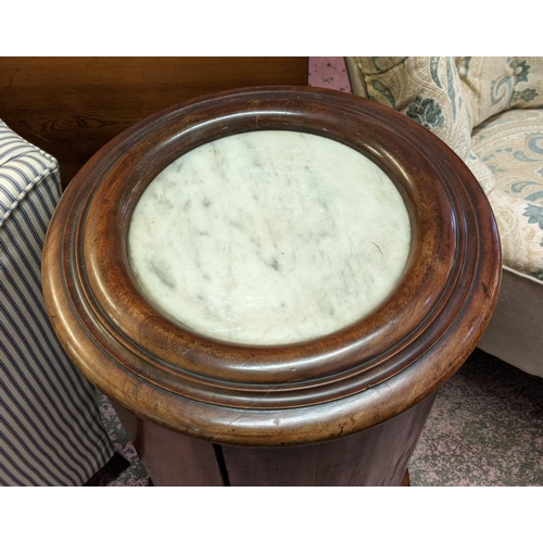 195 - CYLINDRICAL POT CUPBOARD, 39cm W x 77cm H, Victorian mahogany with door and white marble top.