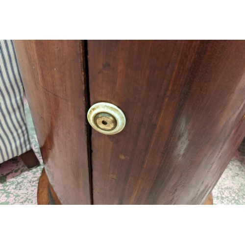 195 - CYLINDRICAL POT CUPBOARD, 39cm W x 77cm H, Victorian mahogany with door and white marble top.