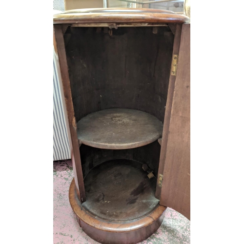 195 - CYLINDRICAL POT CUPBOARD, 39cm W x 77cm H, Victorian mahogany with door and white marble top.