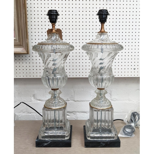 418 - TABLE LAMPS, 57cm high, 18cm diameter, a pair, glass urn form, stone bases. (2)