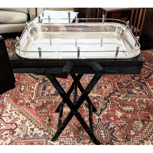 429 - TRAY TABLE, polished metal and black lacquered, perspex top covering, 70.5cm x 51cm x 89cm.