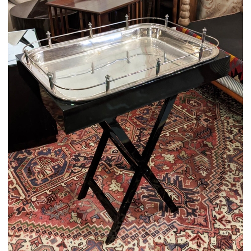 429 - TRAY TABLE, polished metal and black lacquered, perspex top covering, 70.5cm x 51cm x 89cm.