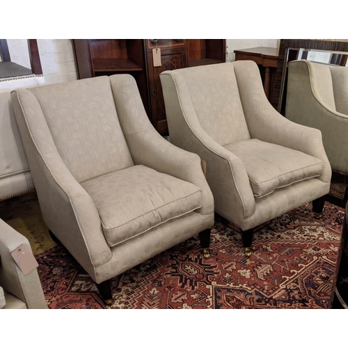 430 - ARMCHAIRS, a pair, neutral foliate patterned upholstery, 76cm W each. (2)