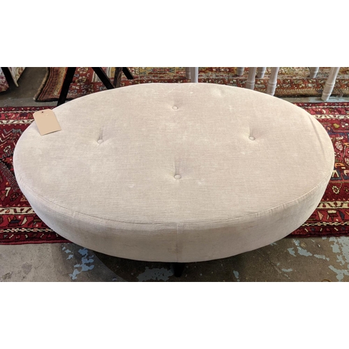 431 - FOOTSTOOL, 101cm x 71cm x 35cm, neutral fabric upholstered, buttoned detail, tapered black painted s... 