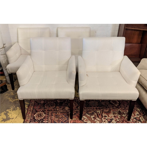 434 - DINING CHAIRS, 87cm H, white fabric upholstered, studded detail. (4)