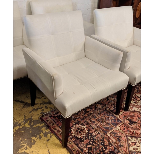 434 - DINING CHAIRS, 87cm H, white fabric upholstered, studded detail. (4)