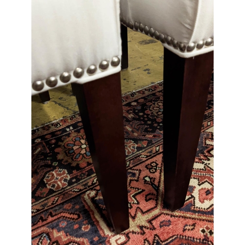 434 - DINING CHAIRS, 87cm H, white fabric upholstered, studded detail. (4)