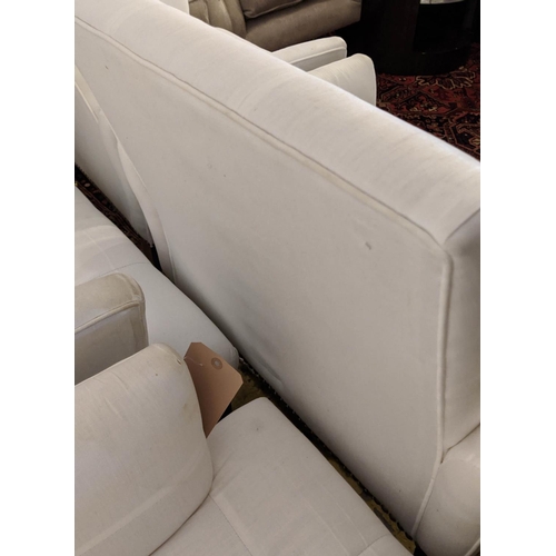 434 - DINING CHAIRS, 87cm H, white fabric upholstered, studded detail. (4)