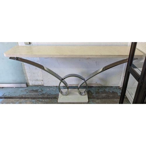 441 - CONSOLE TABLE, 175cm x 35cm x 89cm, polished metal, stone stop and base.