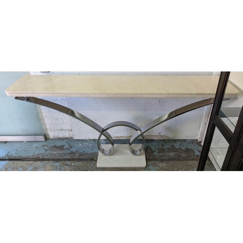 441 - CONSOLE TABLE, 175cm x 35cm x 89cm, polished metal, stone stop and base.