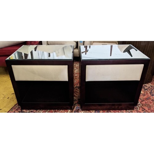 444 - SIDE CHESTS, a pair, bevelled mirrored tops, each with a single upholstered front drawer, 60cm x 45c... 