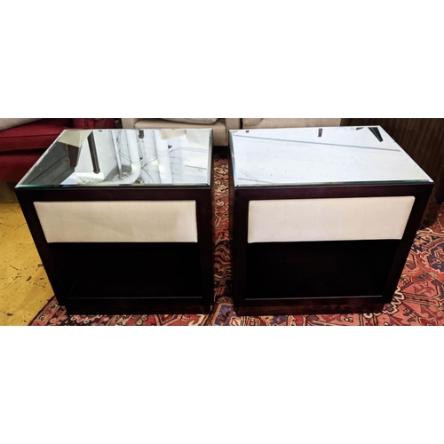 444 - SIDE CHESTS, a pair, bevelled mirrored tops, each with a single upholstered front drawer, 60cm x 45c... 