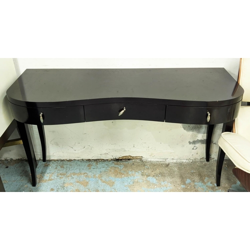 446 - DRESSING TABLE, ebonised with three drawers, silvered handles, 120cm x 43cm x 72cm.