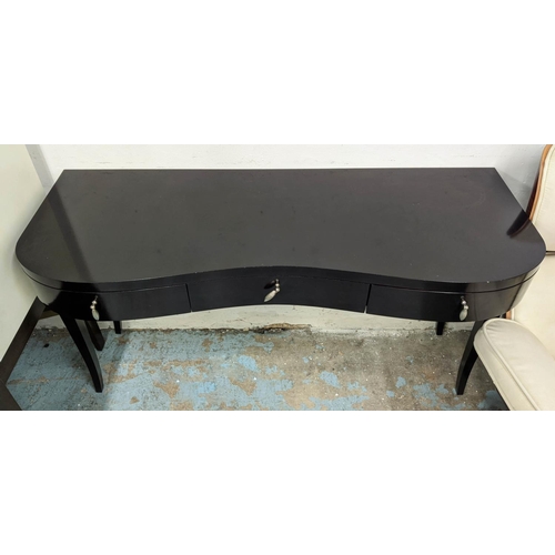 446 - DRESSING TABLE, ebonised with three drawers, silvered handles, 120cm x 43cm x 72cm.