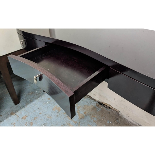 446 - DRESSING TABLE, ebonised with three drawers, silvered handles, 120cm x 43cm x 72cm.