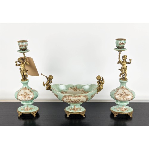 426 - GARNITURE SET, comprising a pair of candelabra, 36cm H and dish 30cm x 14cm x 21cm, glazed ceramic, ... 