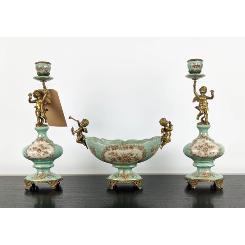 426 - GARNITURE SET, comprising a pair of candelabra, 36cm H and dish 30cm x 14cm x 21cm, glazed ceramic, ... 