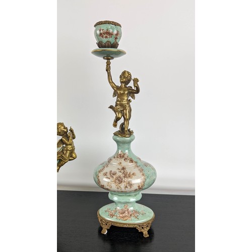 426 - GARNITURE SET, comprising a pair of candelabra, 36cm H and dish 30cm x 14cm x 21cm, glazed ceramic, ... 