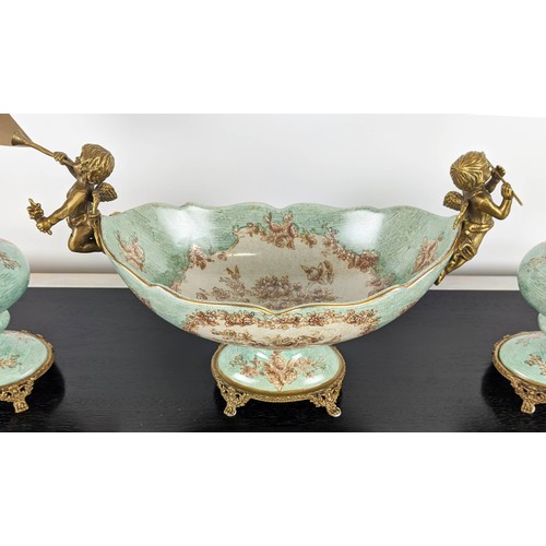 426 - GARNITURE SET, comprising a pair of candelabra, 36cm H and dish 30cm x 14cm x 21cm, glazed ceramic, ... 