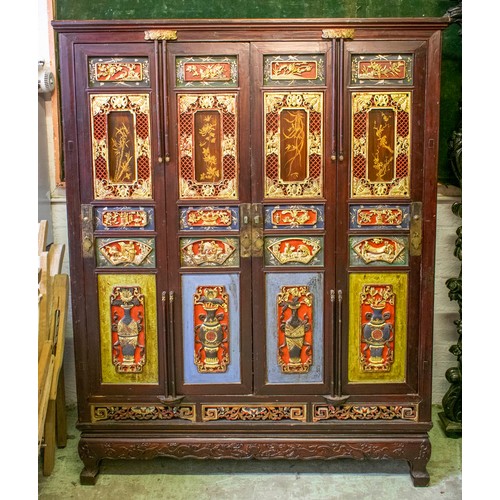 191 - SIDE CABINET, 164cm H x 129cm W x 49cm D, 19th century Chinese lacquer and gilt decorated of four do... 