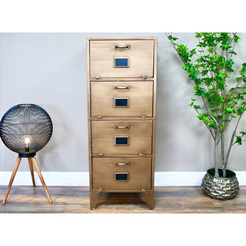 448 - TALL CABINET, industrial style design, gilt metal, 4 sections with drop down fronts, 120cm x 45cm x ... 