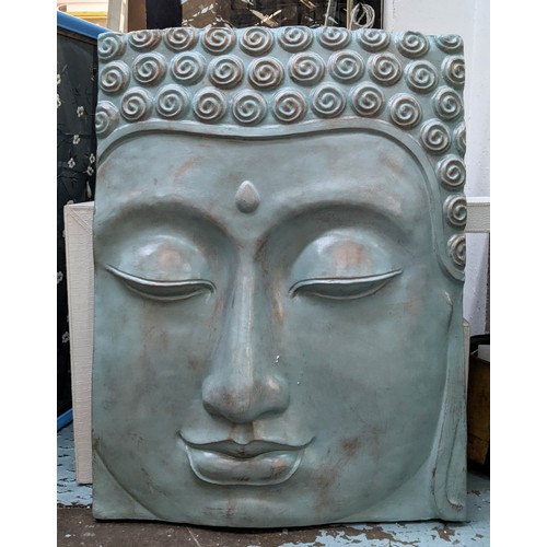 419 - CONTEMPOARY SCHOOL WALL RELIEF PLAQUE, the face of Buddha, painted resin, 85cm x 112cm.