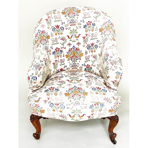 103 - SLIPPER ARMCHAIR, early 20th century mahogany with curved back and arms and 'tapestry' print loose c... 