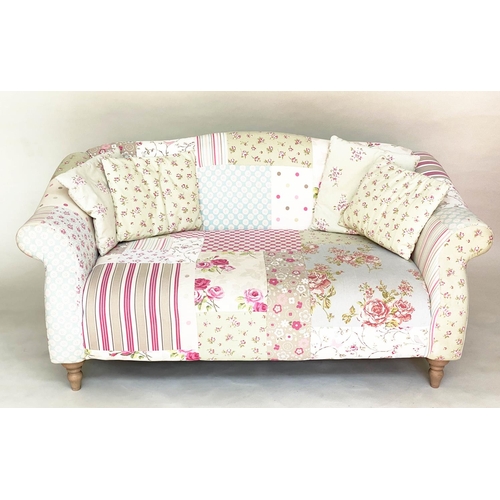 116 - SOFA BY CATH KIDSTON, two seater Victorian style patchwork with scroll arms and turned supports (wit... 