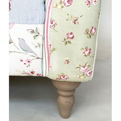 116 - SOFA BY CATH KIDSTON, two seater Victorian style patchwork with scroll arms and turned supports (wit... 