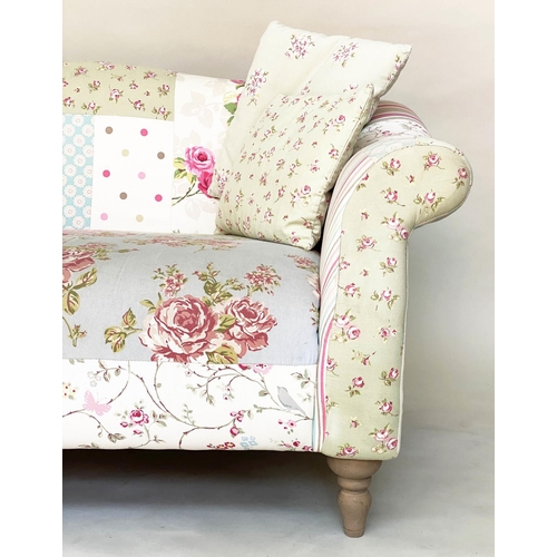 116 - SOFA BY CATH KIDSTON, two seater Victorian style patchwork with scroll arms and turned supports (wit... 