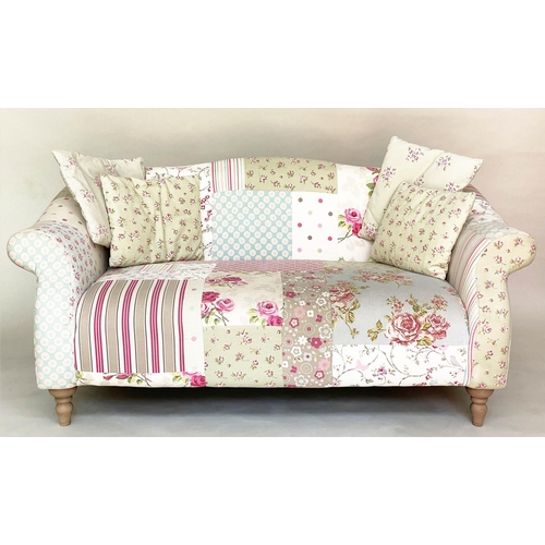 116 - SOFA BY CATH KIDSTON, two seater Victorian style patchwork with scroll arms and turned supports (wit... 