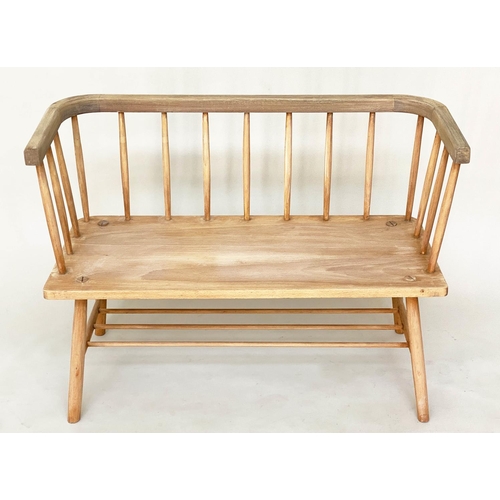 119 - HALL BENCH, 1970s fruitwood with enclosing rail back and panel seat, 94cm W.