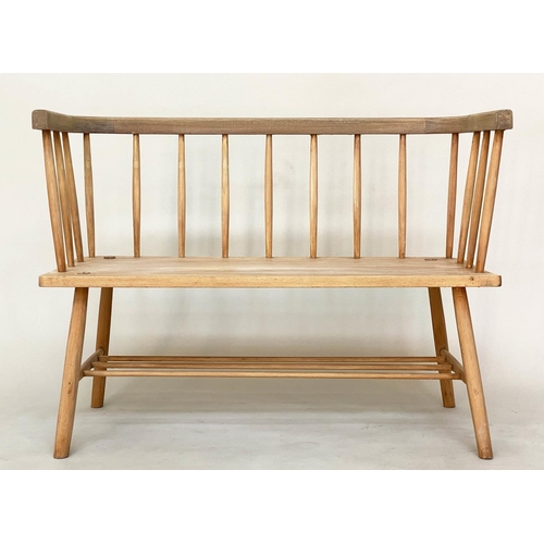 119 - HALL BENCH, 1970s fruitwood with enclosing rail back and panel seat, 94cm W.