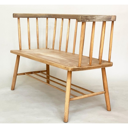 119 - HALL BENCH, 1970s fruitwood with enclosing rail back and panel seat, 94cm W.