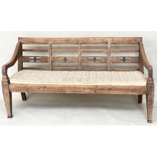 133 - BENCH, antique Anglo Colonial style teak with lattice back, down swept arms and later buttoned cushi... 