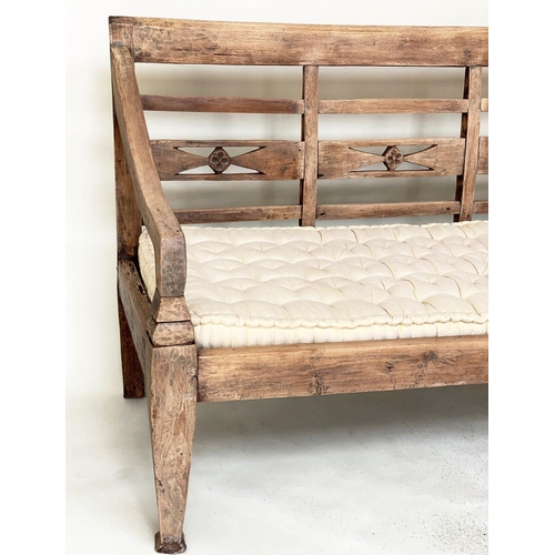 133 - BENCH, antique Anglo Colonial style teak with lattice back, down swept arms and later buttoned cushi... 